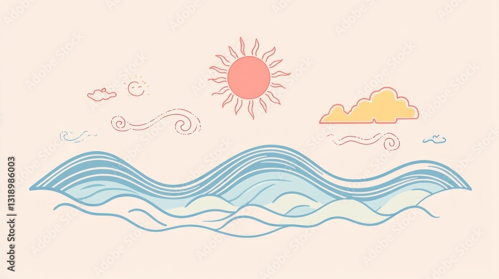 Abstract beach scene with sun and clouds. Possible use Background for digital product, social media, or website Abstract beach scene with sun and clouds. Possible use Background for digital product, social media, or website
