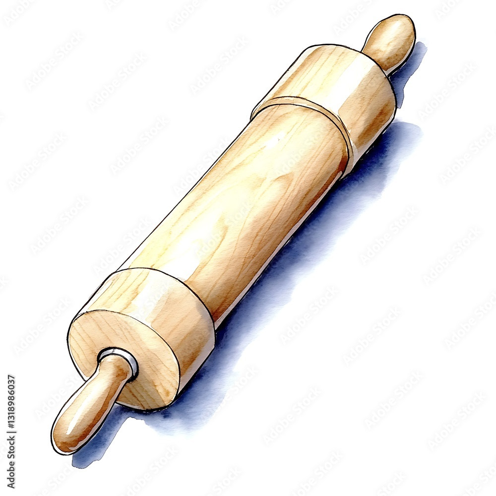 Fototapeta premium Classic Wooden Rolling Pin for Baking Pastries and Dough Preparation in the Kitchen Art Illustration