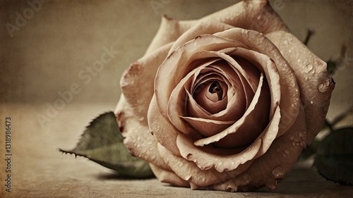 A rose with a leaf on it is shown in a sepia tone