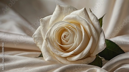 A white rose is on a white cloth