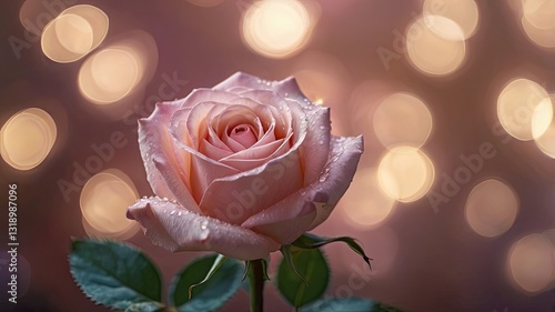A single pink rose with dew drops on its petals