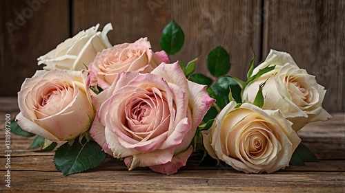 A bouquet of white and pink roses are arranged on a wooden table