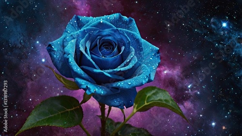 A blue rose is the main focus of the image, surrounded by a purple