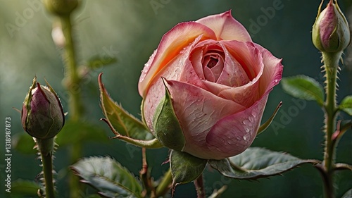 A rose with green leaves and a pink center