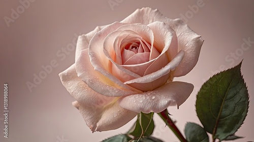 A single rose with a green leaf on top