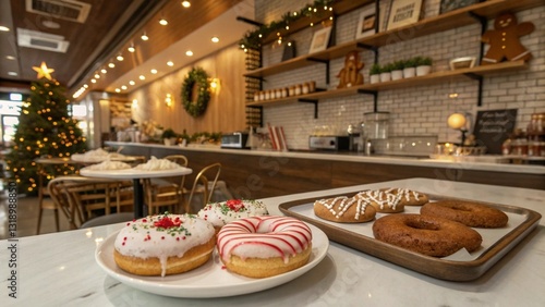 Coffee shops with winter donuts with sugar glazed, December and Christmas theme.