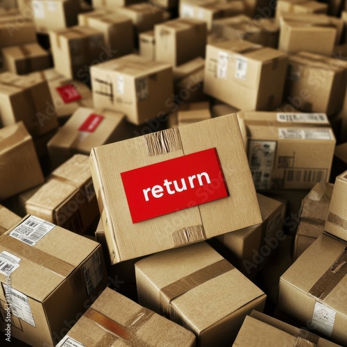 Pile of cardboard boxes with red return labels. Many packages waiting to be processed