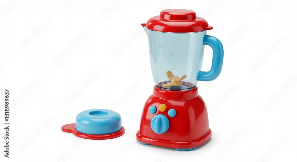 Bright red plastic toy blender gleams playfully under soft studio lighting. AI Generated Bright red plastic toy blender gleams playfully under soft studio lighting. AI Generated