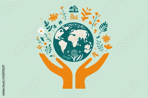 sustainable development goal (SDGs) concept.Hands holding Global communication network with Environment icon on a green background