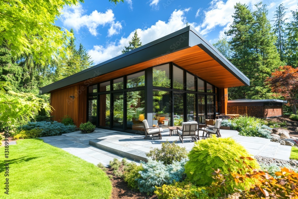 Close-up front view of contemporary villa with wood paneling and landscaped garden
Close-up front view of contemporary villa with wood paneling and landscaped garden