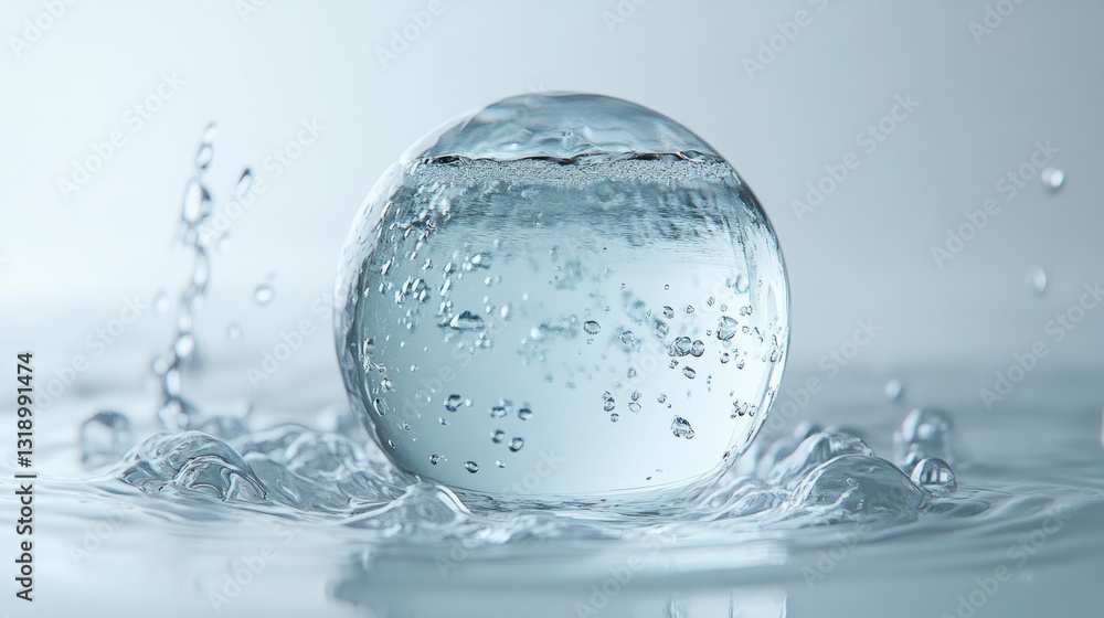 A crystal-clear water sphere floating on a pure white background, droplets glistening in natural light, hyper-realistic detail A crystal-clear water sphere floating on a pure white background, droplets glistening in natural light, hyper-realistic detail
