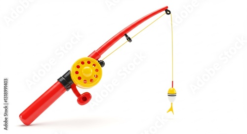 Brightly colored toy fishing rod playfully casts line against stark white background. AI Generated