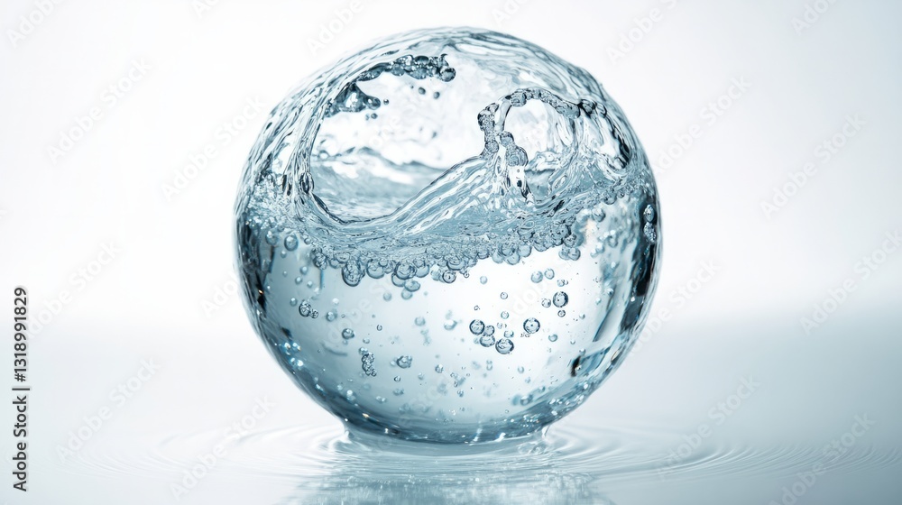 A delicate water sphere with subtle ripples and air bubbles, isolated on a bright white background, extreme realism A delicate water sphere with subtle ripples and air bubbles, isolated on a bright white background, extreme realism