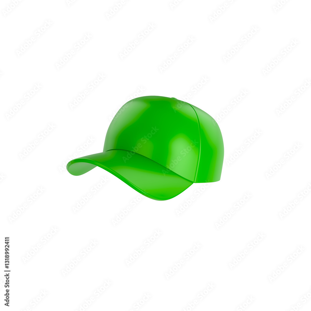 Fototapeta premium A glossy green baseball cap with a smooth reflective surface, floating on a transparent background.