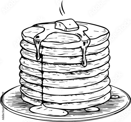 Delicious stack of fluffy pancakes with butter and syrup kitchen food illustration cozy environment top view culinary delight