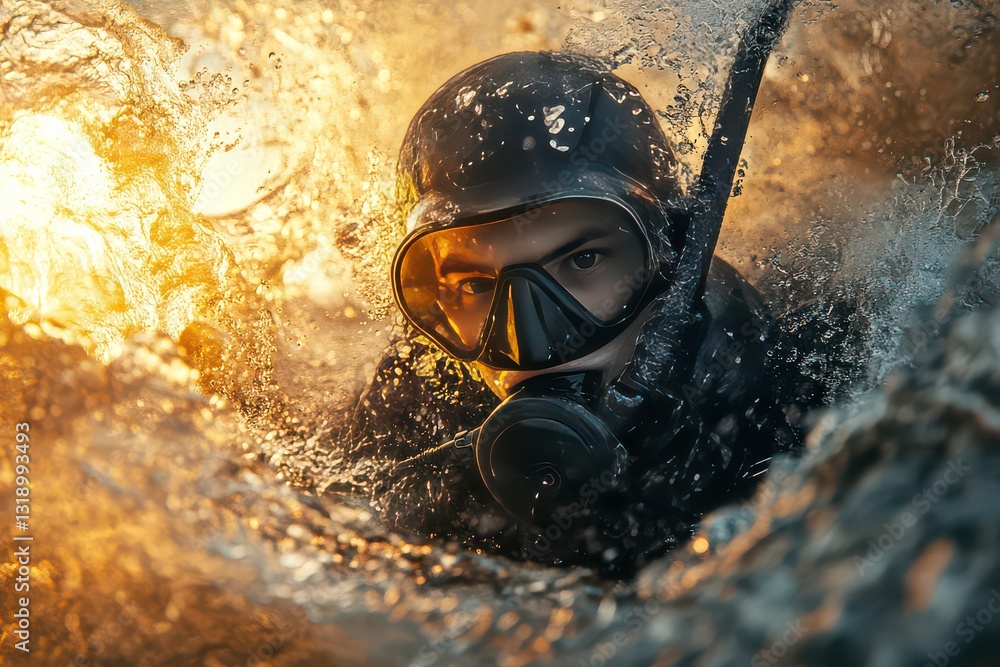 Obraz premium Hyperrealistic Portrait of Diver Emerging from Ocean