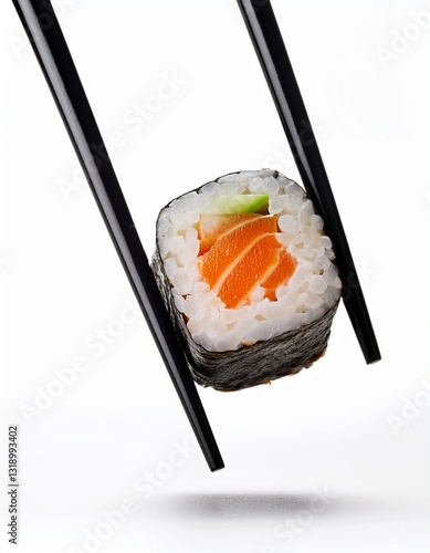  Black chopsticks holding sushi isolated white background
