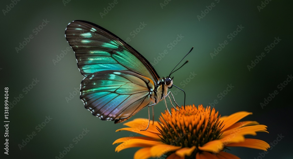 Obraz premium Vibrant iridescent butterfly delicately rests on bright orange flower soft light. AI Generated