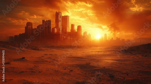 Fototapeta Naklejka Na Ścianę i Meble -  Post-apocalyptic city ruins at sunset