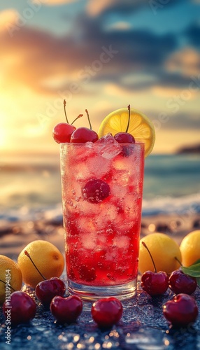 cherry lemonade with ice in a glass on the beach
