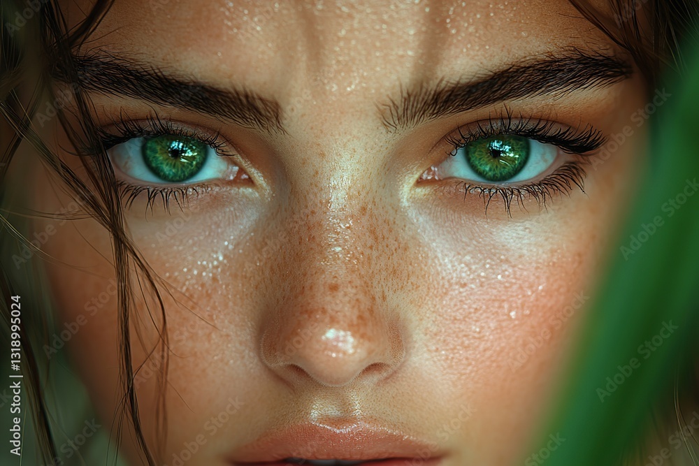 Fototapeta premium A woman with striking green eyes poses amidst vibrant green leaves, highlighting her beauty.
