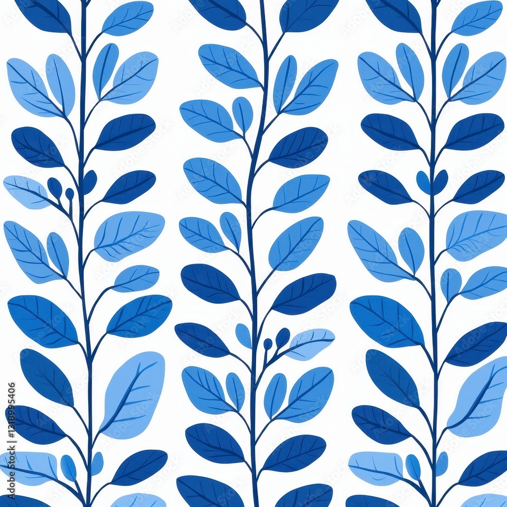 Fototapeta premium Elegant Blue Floral Branch Pattern Seamless Botanical Design White Background Nature Textile Print