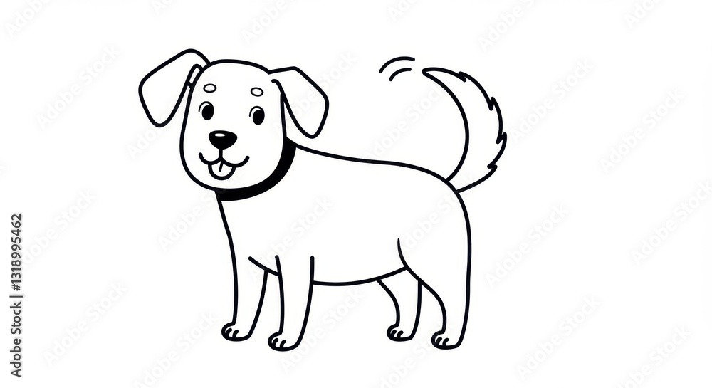 Fototapeta premium Black Line Drawing of a Dog Wagging its Tail
