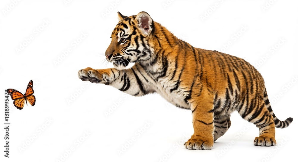 Obraz premium Playful tiger cub gently paws at vibrant butterfly against bright white background. AI Generated