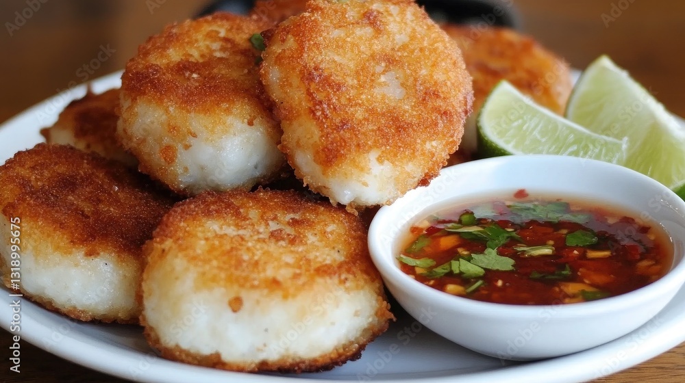 Crispy Fried Rice Cakes with Dipping Sauce and Lime Wedges on White Plate