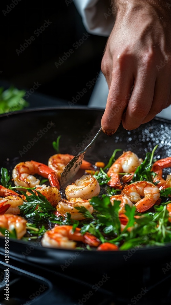 A talented chef is seen expertly sautéing shrimp infused with spices alongside fresh greens and peppers in a bustling kitchen. The aromatic blend enhances the culinary experience A talented chef is seen expertly sautéing shrimp infused with spices alongside fresh greens and peppers in a bustling kitchen. The aromatic blend enhances the culinary experience