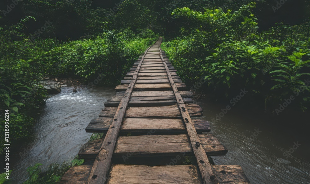 Fototapeta premium Rustic Wooden Bridge Over Stream in Lush Green Forest