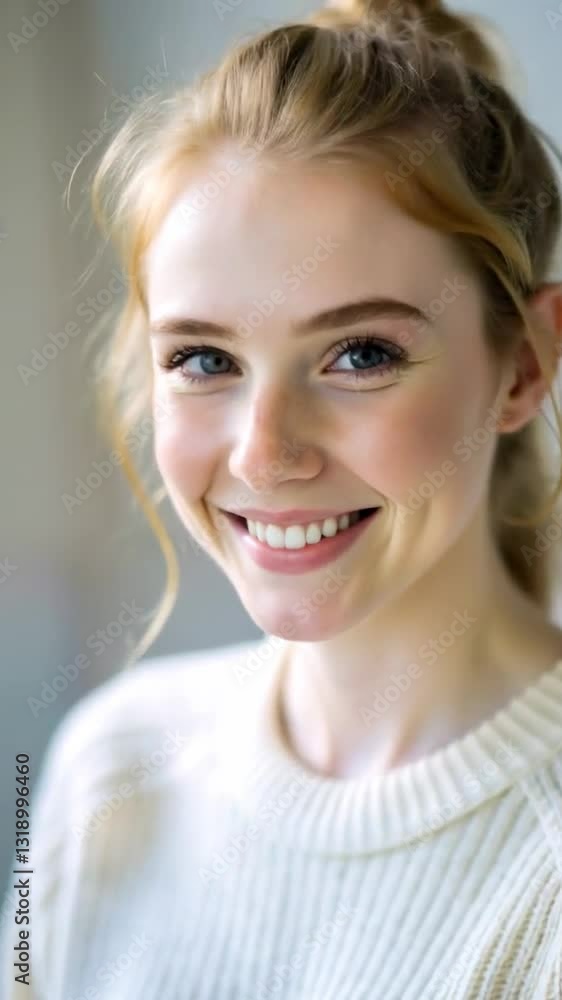 Young Woman with Serious Mood Posing in White Sweater against a Neutral Background Young Woman with Serious Mood Posing in White Sweater against a Neutral Background