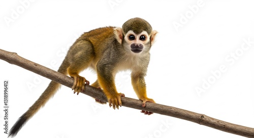 Curious squirrel monkey clings playfully to branch against bright white background. AI Generated