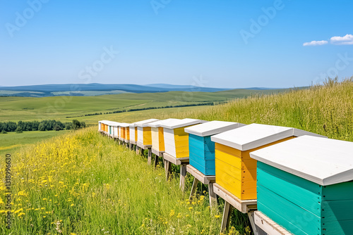 Rows of bright wooden beehives add charm to a serene field, bathed in sunlight with expansive green hills and a cloudless sky creating a picturesque atmosphere