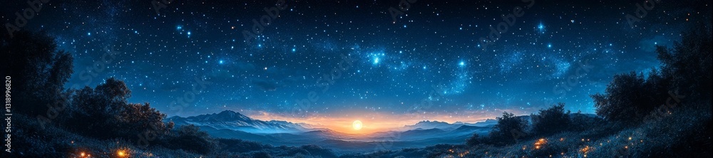 Fototapeta premium Starry sky with constellations and glowing moon over mountainous landscape. Generative AI