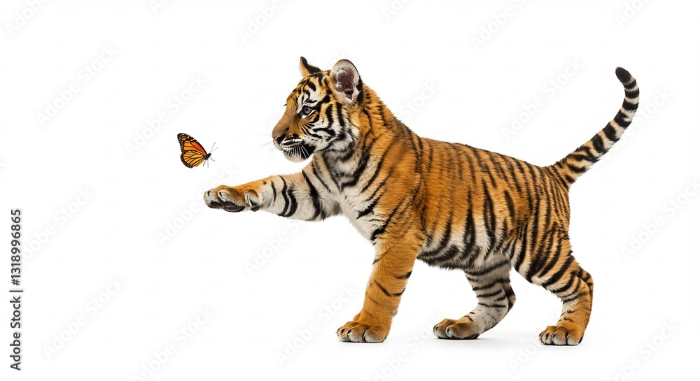 Obraz premium Playful tiger cub gently paws at a vibrant butterfly against a bright white background.. AI Generated