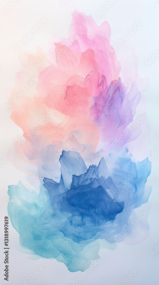 Fototapeta premium Colorful abstract watercolor blooms in soft pastel hues on white background