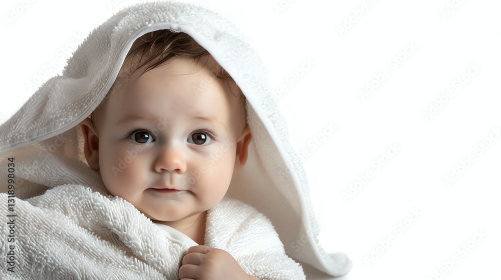 A baby wrapped in a white towel looks up at the camera. A baby wrapped in a white towel looks up at the camera.