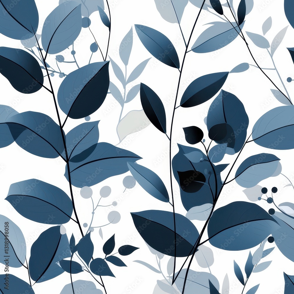 Elegant Blue Botanical Seamless Pattern Watercolor Style Leaves and Branches Background Elegant Blue Botanical Seamless Pattern Watercolor Style Leaves and Branches Background