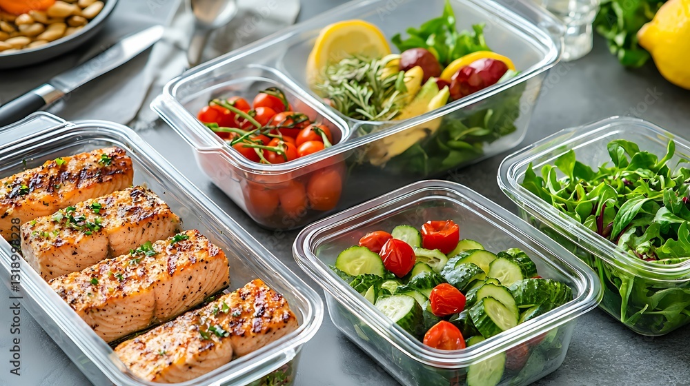 A vibrant display of prepared meals featuring salmon, salads, and fresh vegetables in clear containers, showcasing healthy eating options. A vibrant display of prepared meals featuring salmon, salads, and fresh vegetables in clear containers, showcasing healthy eating options.