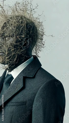 Man wearing a suit with a surreal hairstyle made of dry twigs and plants in a minimalist setting