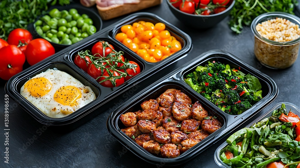 A colorful meal prep display featuring fresh vegetables, proteins, and eggs in convenient containers, highlighting healthy eating options. A colorful meal prep display featuring fresh vegetables, proteins, and eggs in convenient containers, highlighting healthy eating options.