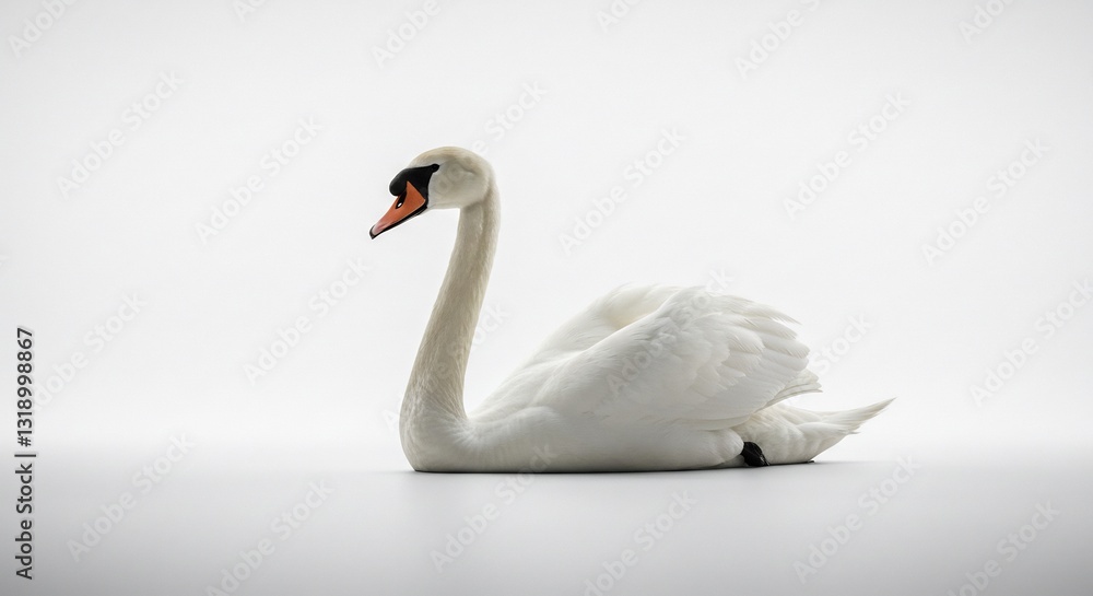 Fototapeta premium Elegant white swan gracefully poses against soft light background. AI Generated