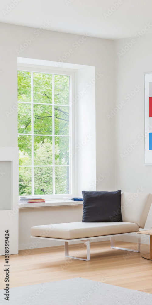 Fototapeta premium Modern living room with natural light and minimalist decor in a cozy setting