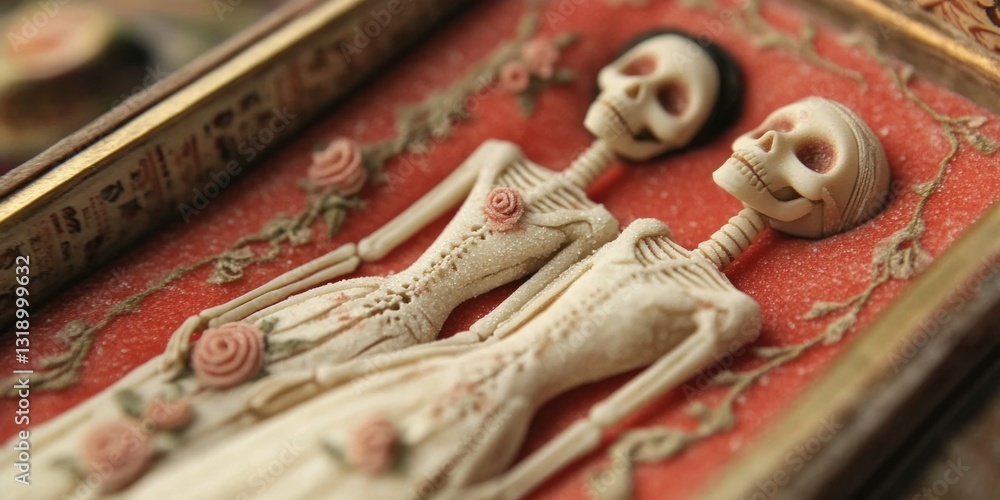 Fototapeta premium Horror Scene of a Possessed bride Woman in white dress black long hair ghost zombie holding dried Rose Bouquet on hand in dark room isolated. halloween