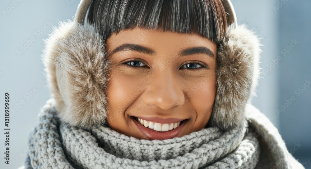 Smiling woman in winter attire with earmuffs, enjoying cold weather Smiling woman in winter attire with earmuffs, enjoying cold weather