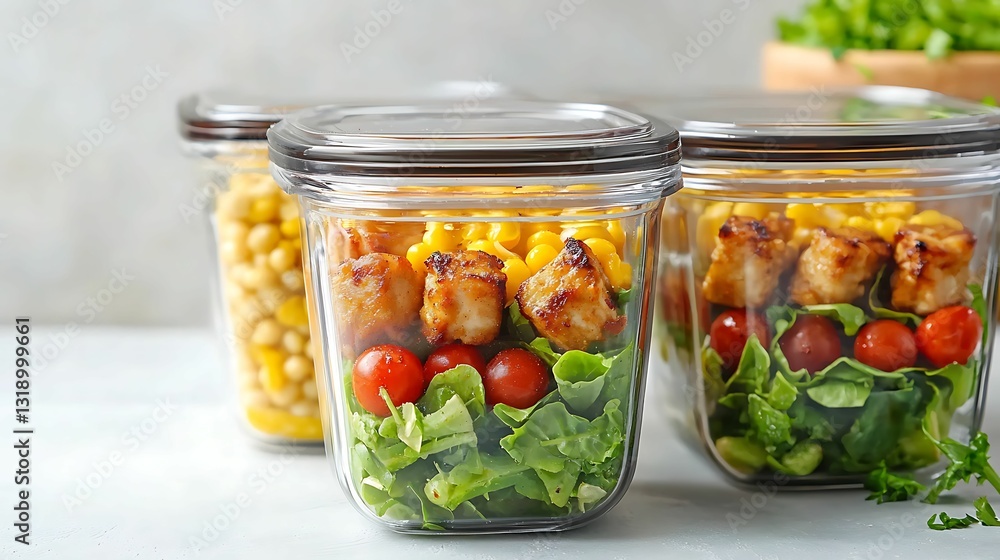 Three jars filled with colorful salads, featuring greens, tomatoes, corn, and grilled chicken, showcasing healthy meal prep. Three jars filled with colorful salads, featuring greens, tomatoes, corn, and grilled chicken, showcasing healthy meal prep.
