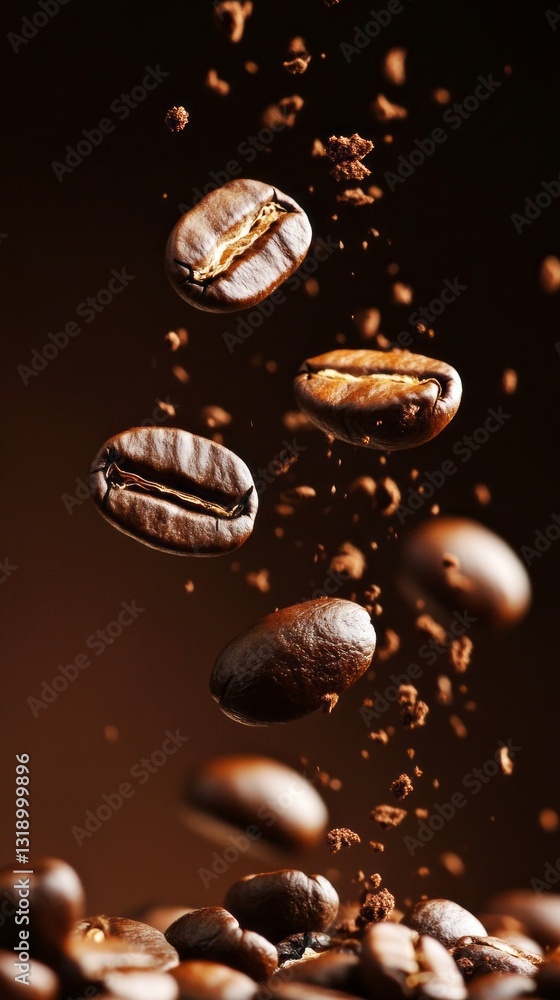 A vibrant display of roasted coffee beans tumbles through the air, landing on a dark, inviting heap, capturing the essence of fresh coffee brewing and the art of gourmet flavors A vibrant display of roasted coffee beans tumbles through the air, landing on a dark, inviting heap, capturing the essence of fresh coffee brewing and the art of gourmet flavors