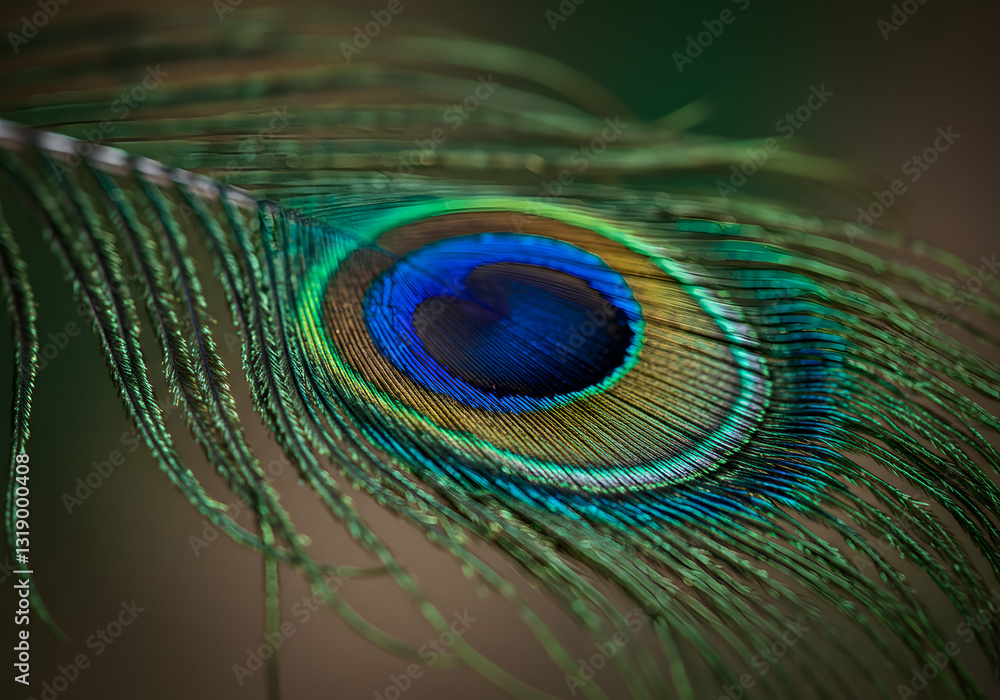 Obraz premium A close-up of a single peacock feather with iridescent colors.