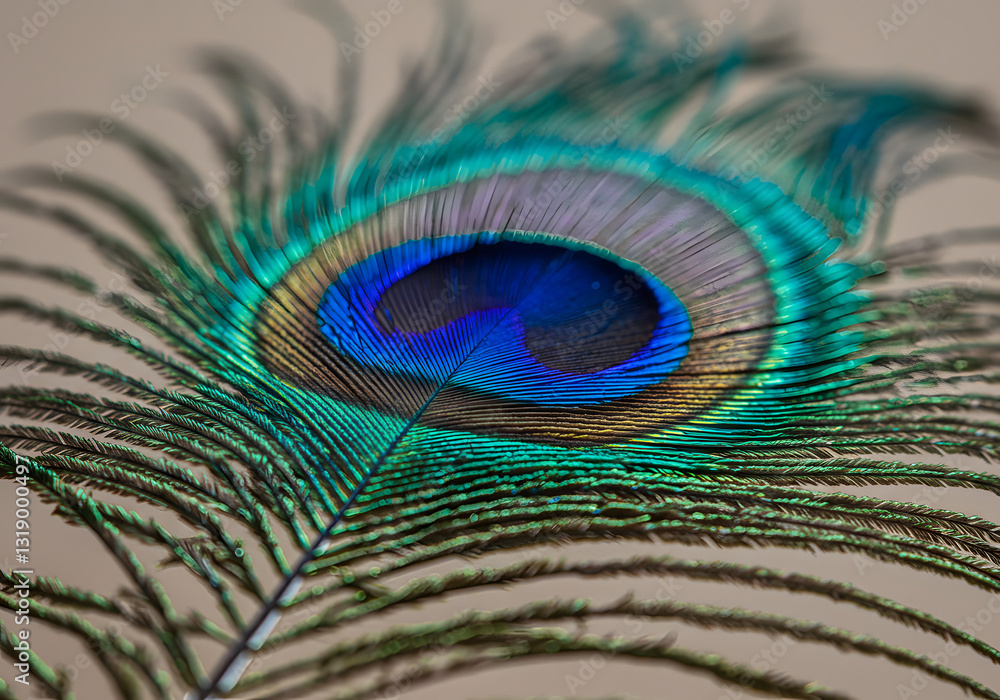 Obraz premium A close-up of a single peacock feather with iridescent colors.